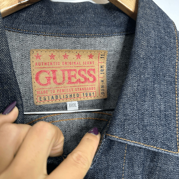 VTG 90s GUESS JEAN Trucker JACKET raw selvedge denim dark wash XXXXL 4XL - Picture 5 of 8